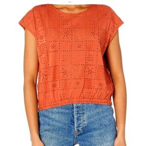 Madewell Women's Per Se Eyelet Top Cotton Rust Color Cap Sleeves Elastic…